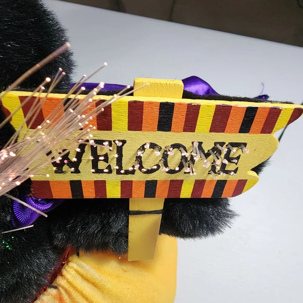 VTG Fiber Optic Halloween Black Cat Pumpkin Welcome Sign Light Up Decor 14 inch